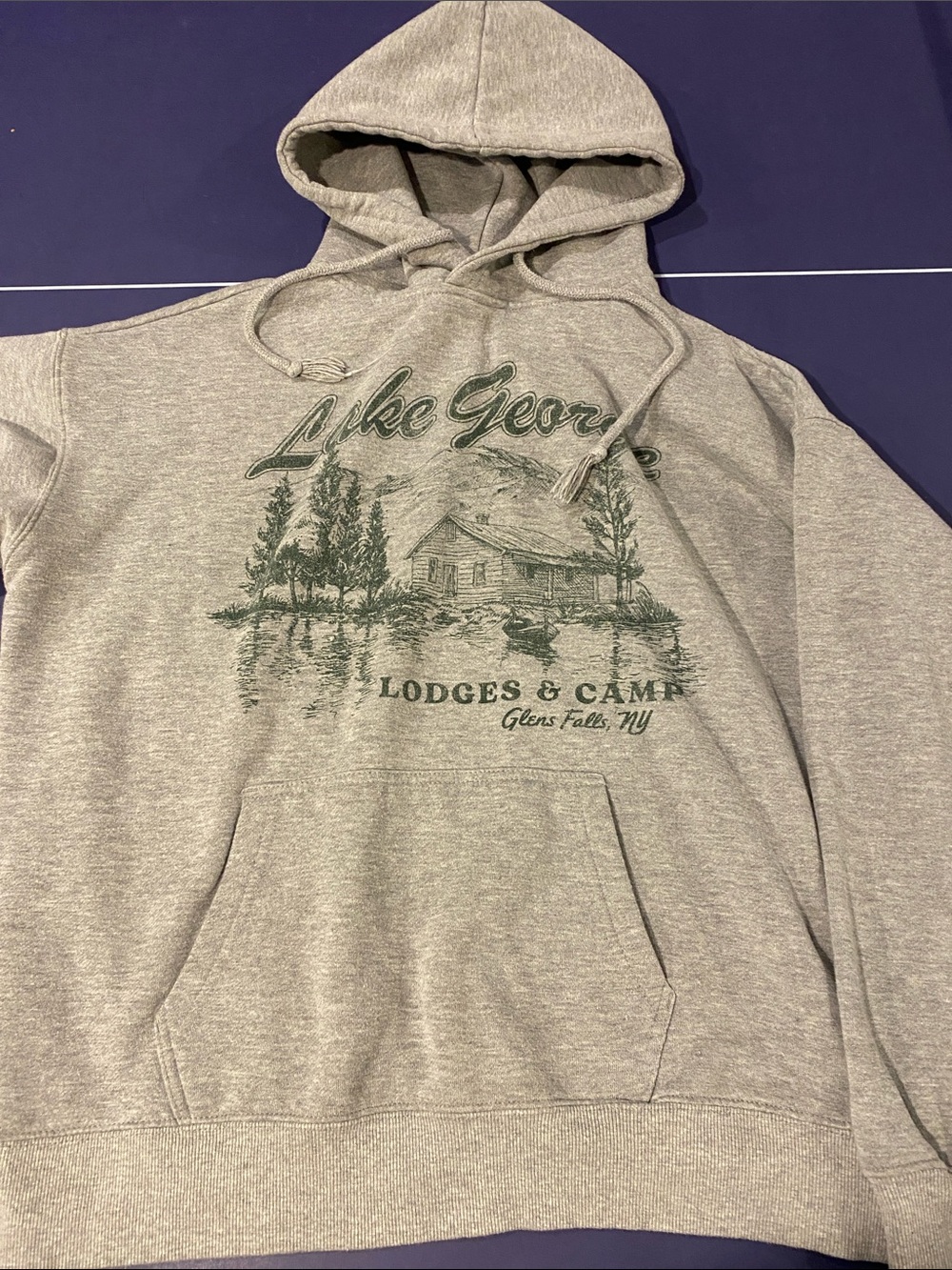 Gray Crewneck Hoodie with Lake George Lodges & Camps Graphic